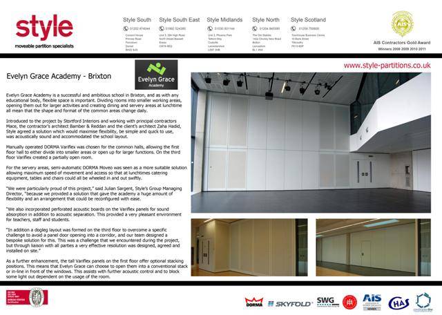 Evelyn Grace Academy Case Study reflecting a typical education project undertaken and completed by Style using the Dorma Moveo and Variflex products