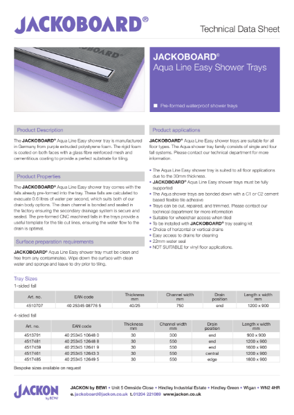 JACKOBOARD® Aqua Line Easy Shower Trays Technical Data Sheet