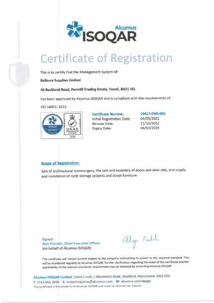 ISOQAR Certificate of Registration ISO 14001 : 2015