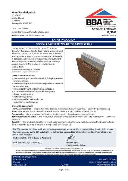 Knauf Insulation Rocksilk® RainScreen Slab - BBA Certificate 195609i1 (Cavity Walls)