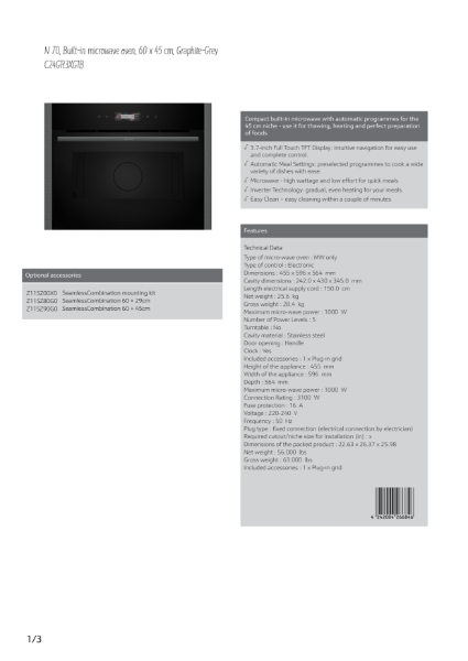 Microwave Ovens Graphite grey trim C24GR3XG1B, Datasheet