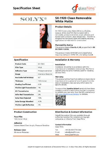 SX-1920 Clean Removable White Matte Window Film - Product Data Sheet
