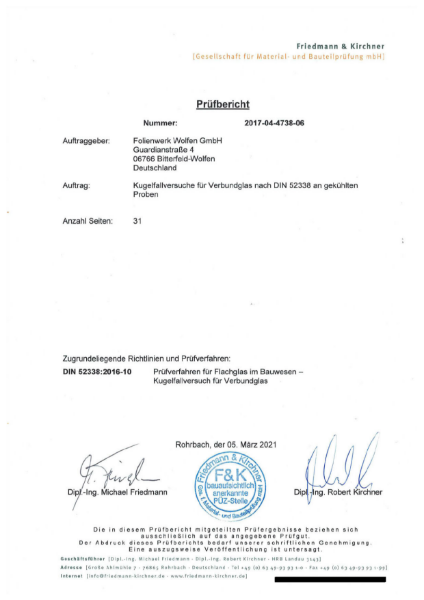 Ball drop test report DIN52338 at 0°C, -20°C and -40 °C at Friedmann&Kirchner