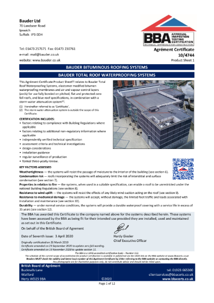 Certificate: Bauder Total Roof Systems 10/4744