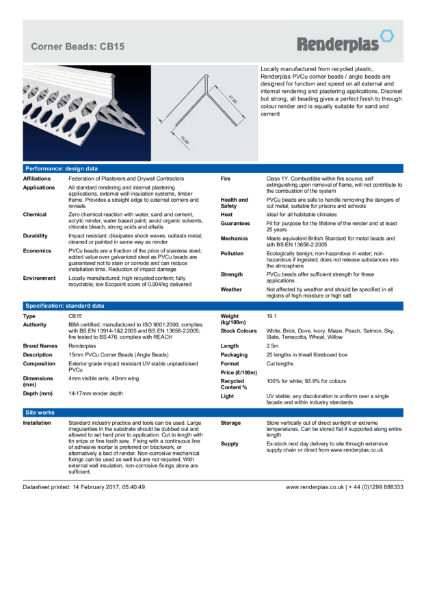Renderplas Corner / Angle bead 15mm, CB15