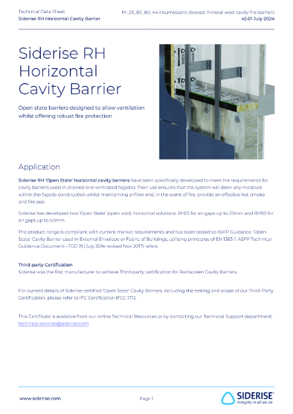 Siderise RH | Cavity Barriers for Ventilated Cladding / Rainscreen – Horizontal  – Technical Data v2.01