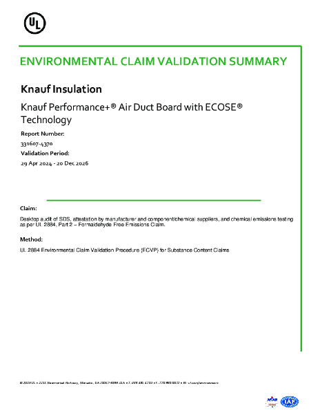 UL ECV - Formaldehyde Free - Performance+® Air Duct Board