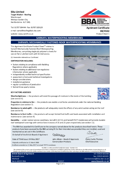 08/4532 Sarnafil Mechanically fastened roof waterproofing system