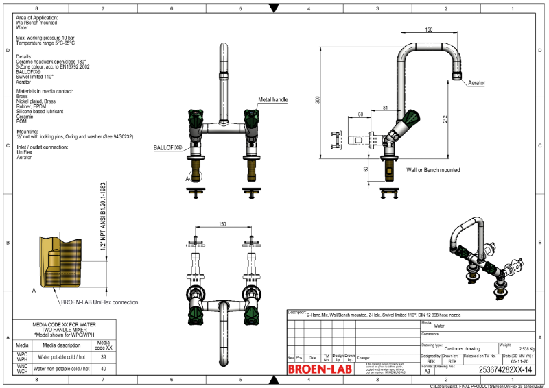 Two-hole laboratory Table or Wall mounted mixer TDS