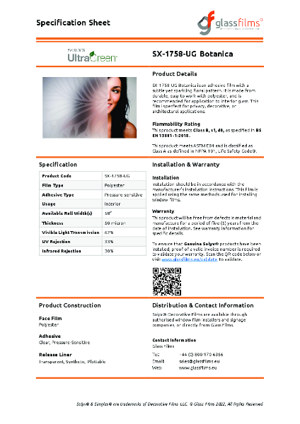 SX-1758-UG Botanica Window Film - Product Data Sheet