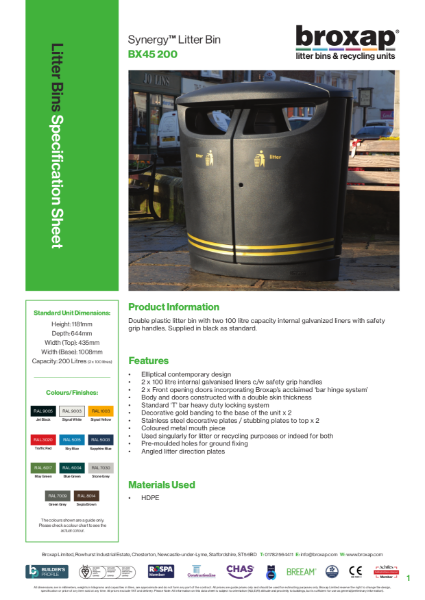 Synergy Recycling Bin Specification Sheet