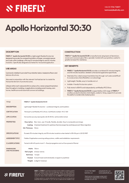 FIREFLY™ Apollo Horizontal 30:30 Fire Barrier - Data Sheet