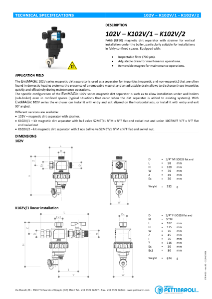 Pettinaroli Evo Magic Dirt Separator - 102v - k102v-1 - k102v-2  rev.02 - Techcnial Data Sheet