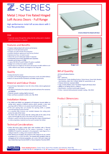 Z-Series Metal Fire Rated Loft Door Datasheet
