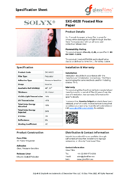 SXG-0020 Frosted Rice Paper Specification Sheet
