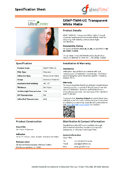 SXWF-TWM-UG Transparent White Matte Specification Sheet