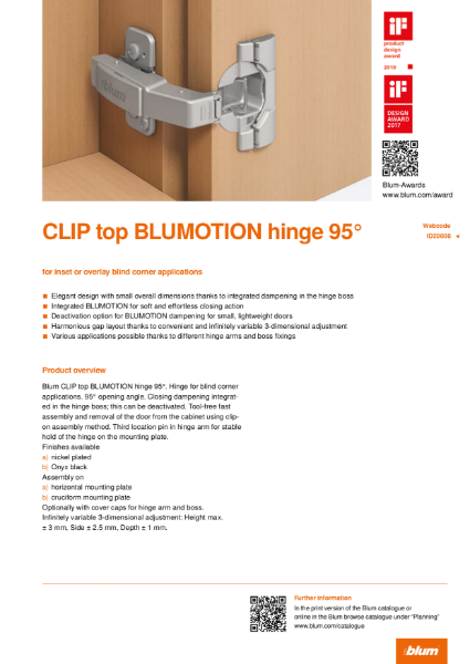 CLIP top BLUMOTION 95 Degree Hinge for Inset or Overlay Corner Applications Specification Text