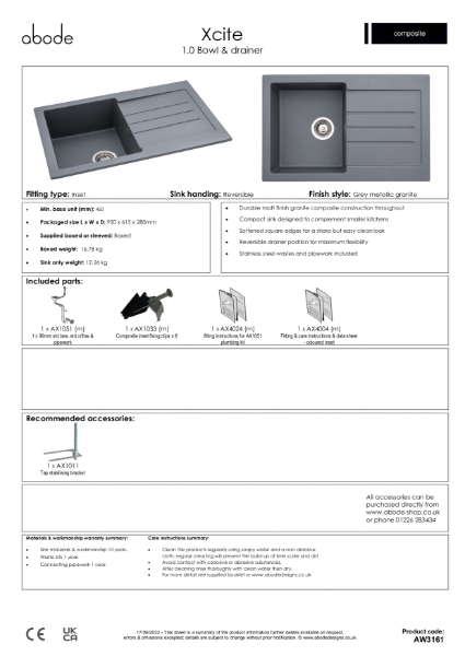 AW3161. Xcite Granite Inset Sink, 1.0 Bowl (Frost White) -  Consumer Spec