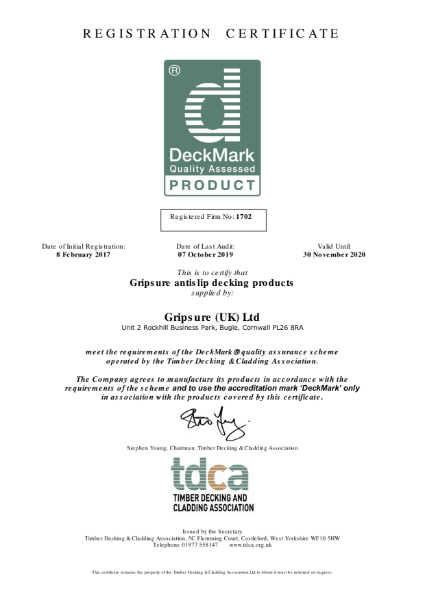 Timber Decking and Cladding Association (TDCA): DeckMark® Performance Rated - Registration certificate