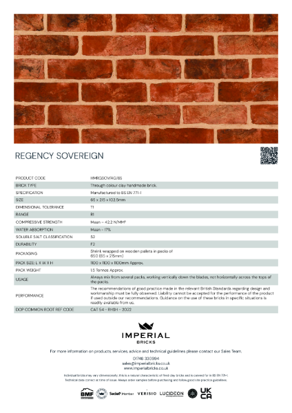 Imperial Bricks Regency Sovereign Data Sheet