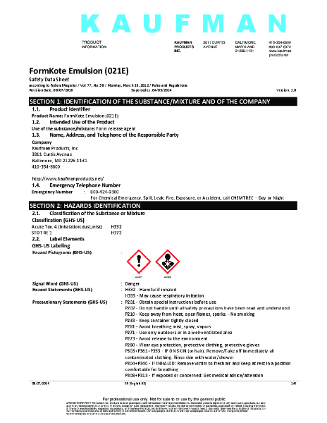 FormKote Emulsion Safety Data Sheet