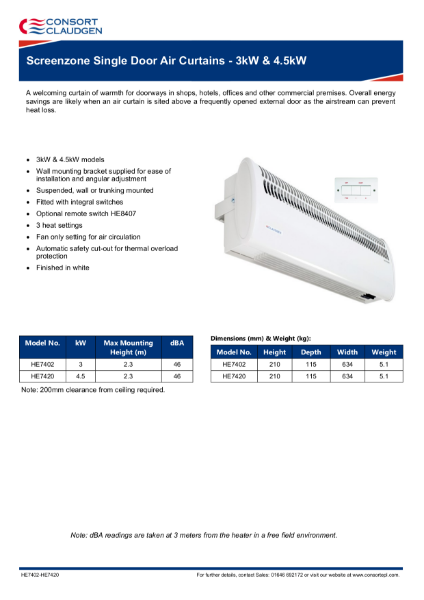 Single door air curtain data sheet