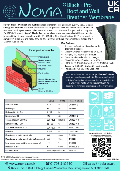 Novia Black+ Pro Breather Membrane Datasheet