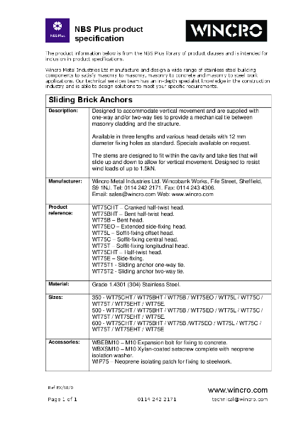 WT75-Sliding-Brick-Anchors-NBS-Datasheet-(EX-58-0)