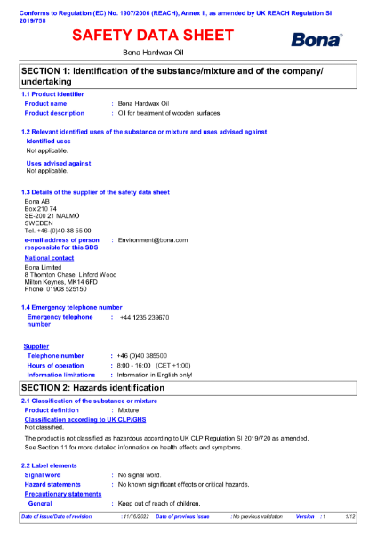 Bona Hard Wax Oil - Safety Data Sheet