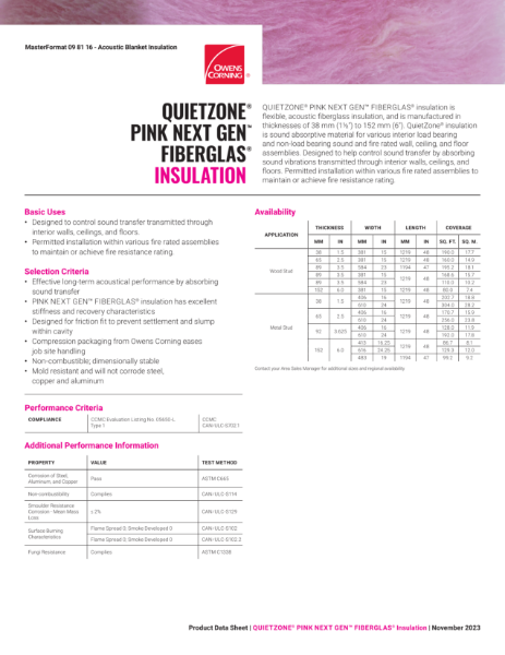 Pink Next Gen QuietZone Acoustic Insulation Data Sheet