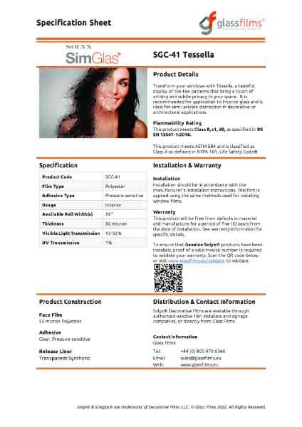 SGC-41 Tessella Window Film - Product Data Sheet