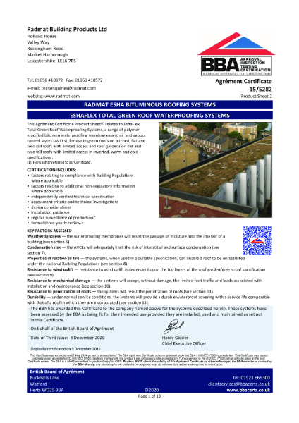 BBA-15-5282 PS2-EshaFlex Total Green Roof Waterproofing Systems