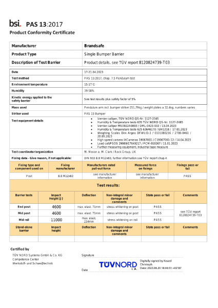 Single Bumper Barrier - PAS 13 Compliance Certificate - TÜV NORD