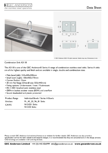 GEC Anderson Data Sheet - Series A sink: A3118
