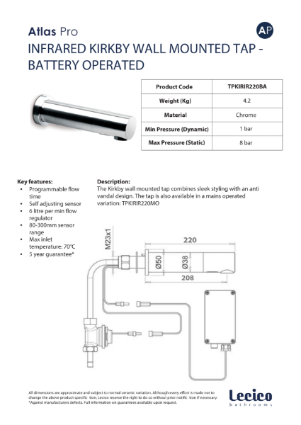 Kirkby Thermostatic Wall Mounted Mixer Tap (Battery)