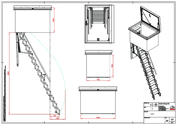 Gorter RHTS1015-H Roof Hatch with integrated Scissor stair for ceiling height 3000 - 3500 mm - Technical 2D Drawing
