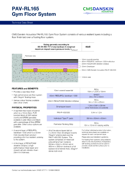 CMS Danskin Acoustics Gym Floor System PAV-RL165 – Product Data Sheet