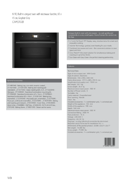 Compact 45cm ovens with Microwave Graphite grey trim C24MS31G0B, Datasheet