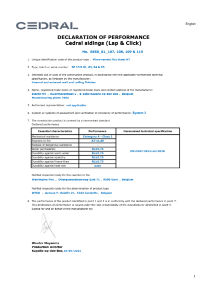 Cedral Sidings Declaration Of Performance