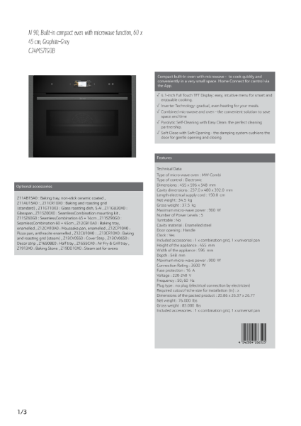 Compact 45cm ovens with Microwave Graphite grey trim C24MS71G0B, Datasheet