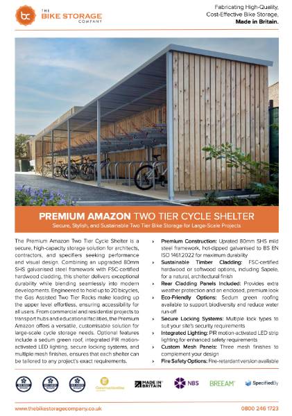 Premium Amazon Two Tier Cycle Shelter Specification Sheet