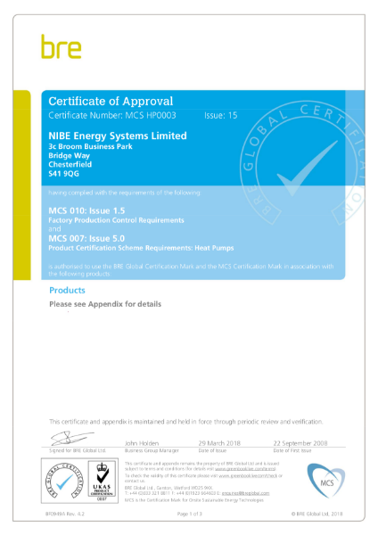 NIBE Energy Systems Ltd MCS 010 and MCS 007 Certificate of Approval 