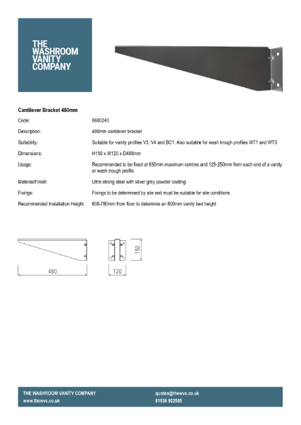 Vanity Top Cantilever Bracket - 480mm