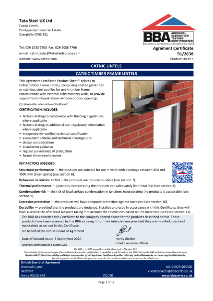 Catnic CTF Timber Frame Lintel BBA Certification