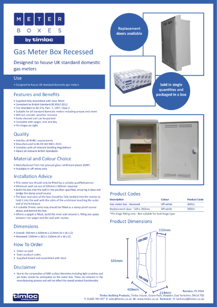 Timloc Building Products Gas Meter Box - Recessed Datasheet