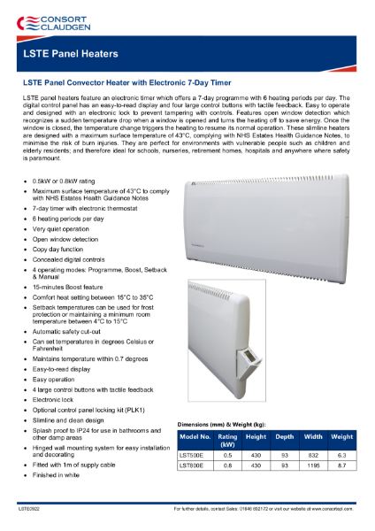 LSTE Panel Heater data sheet
