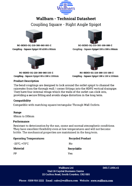 Datasheet - Square Coupling Right Angle Spigot