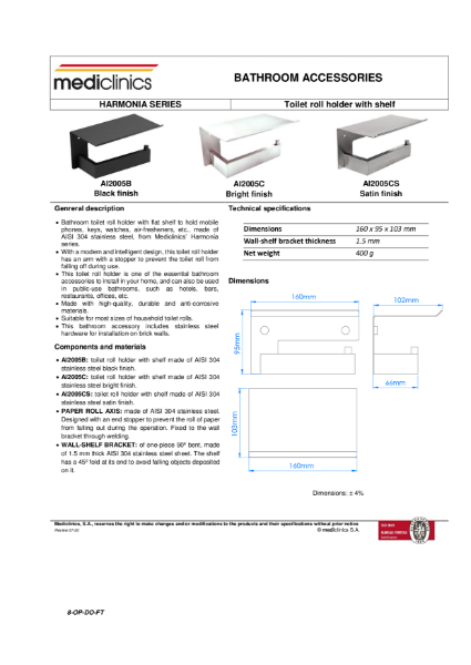 Toilet Tissue Paper Roll Dispenser Spec Sheet - Mediclinics Toilet Roll Holder With Shelf AI2005B_C_CS