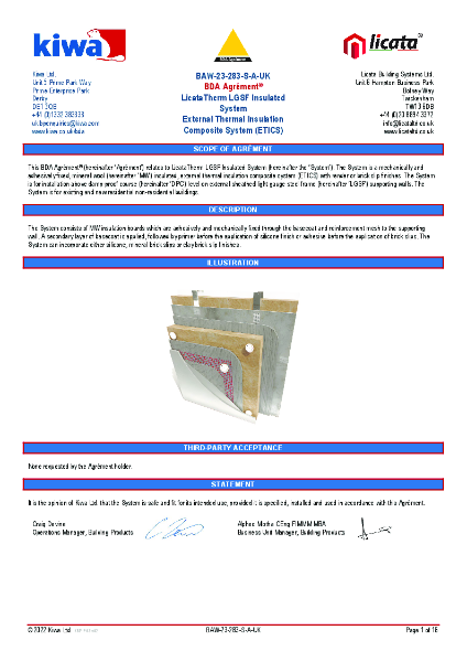Licata Direct Fix Steel Frame Mineral Wool EWI System A1 Clay Brick Slips - KIWA BDA Certificate