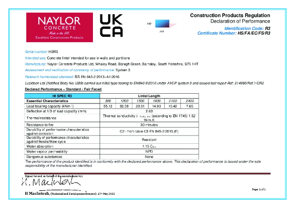 Hi-Spec R3 Concrete Lintel Declaration of Performance